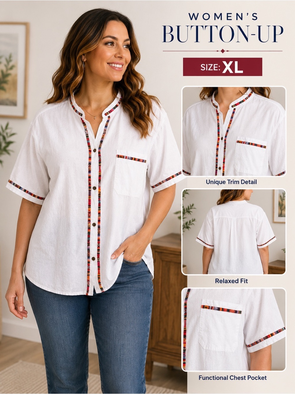 Women's White Button-Down Shirt with Red Trim Large - XL